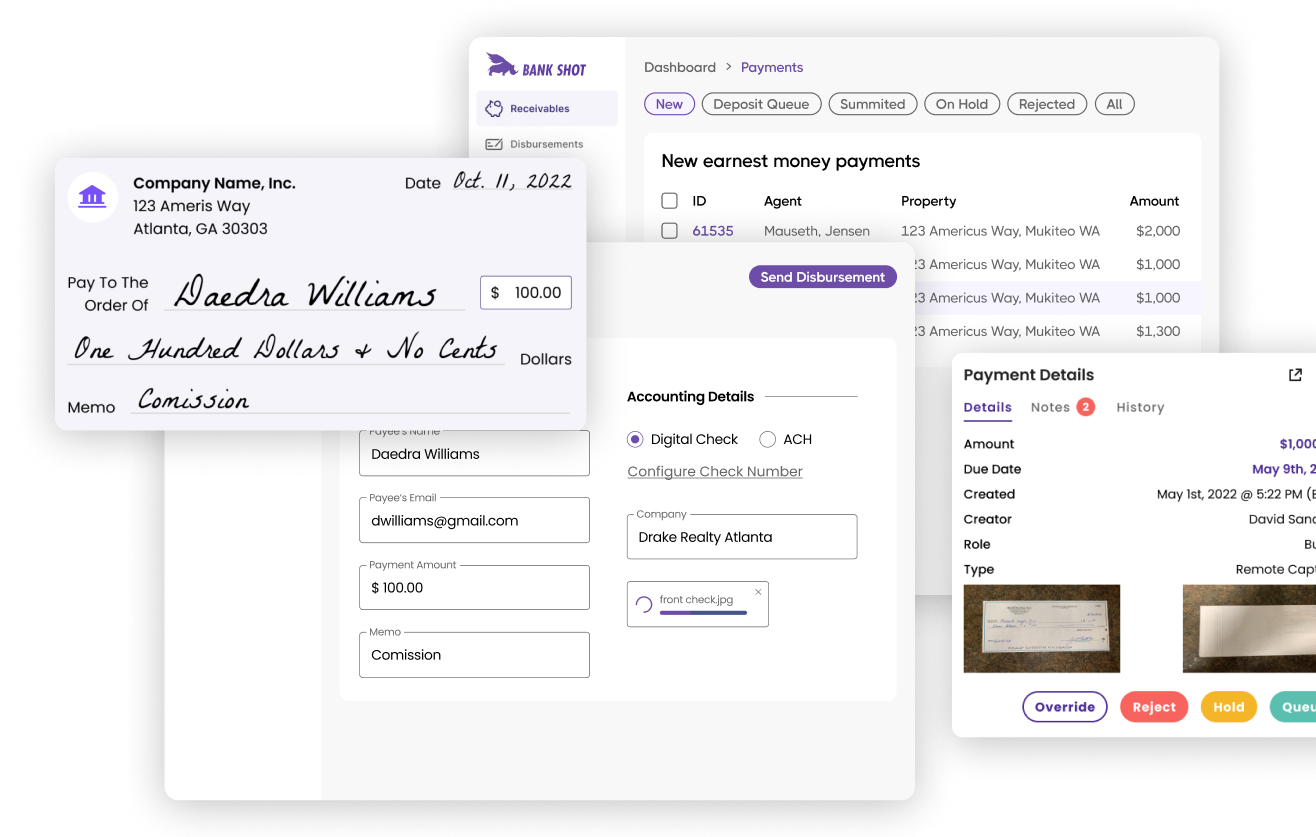 BankShot Check Creation Interface - Digital check processing with payment details and accounting options